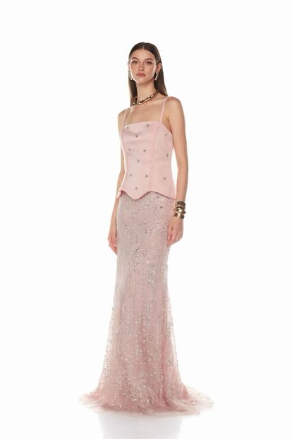 Pudra Örgü Askılı Abiye Elbise