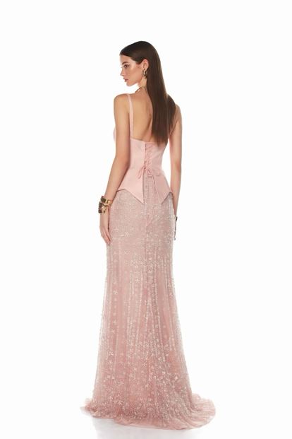 Pudra Örgü Askılı Abiye Elbise