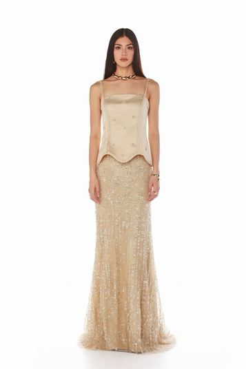 Bej Örgü Askılı Abiye Elbise