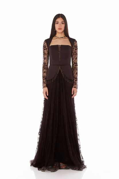 Kahverengi Saten Büstiyer ve  Dantel Etekli Abiye Elbise