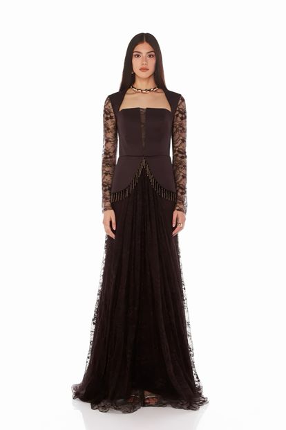 Kahverengi Saten Büstiyer ve  Dantel Etekli Abiye Elbise