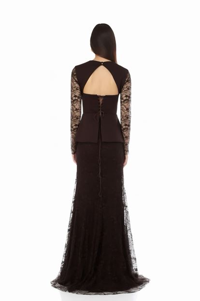 Kahverengi Saten Büstiyer ve  Dantel Etekli Abiye Elbise