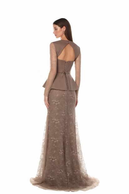 Vizon Saten Büstiyer ve  Dantel Etekli Abiye Elbise