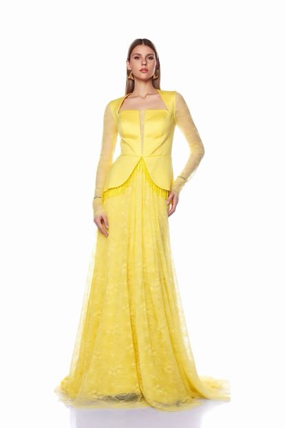 Sarı Saten Büstiyer ve  Dantel Etekli Abiye Elbise