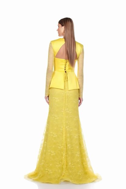 Sarı Saten Büstiyer ve  Dantel Etekli Abiye Elbise