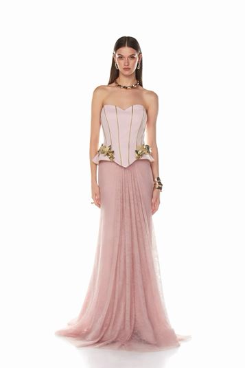 Abito da sera senza spalline con stampa floreale color oro polvere