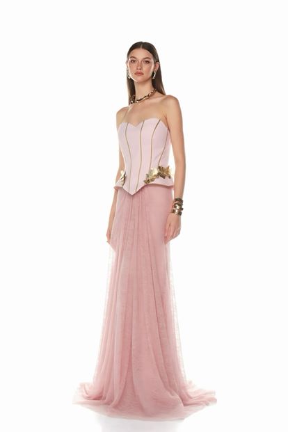 Pudra Gold  Çiçekli Straplez Abiye Elbise