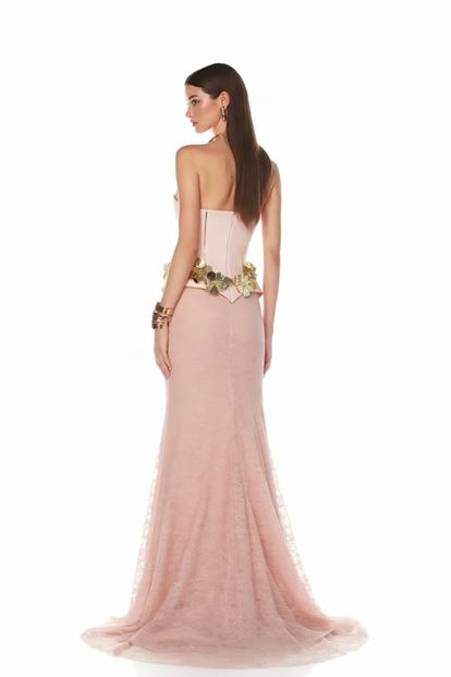 Pudra Gold  Çiçekli Straplez Abiye Elbise