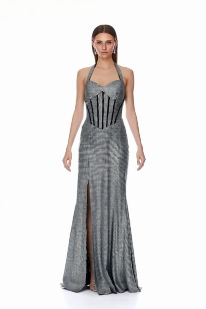 Schwarzes und silbernes  schimmerndes Designer Abendkleid mit Schlitz