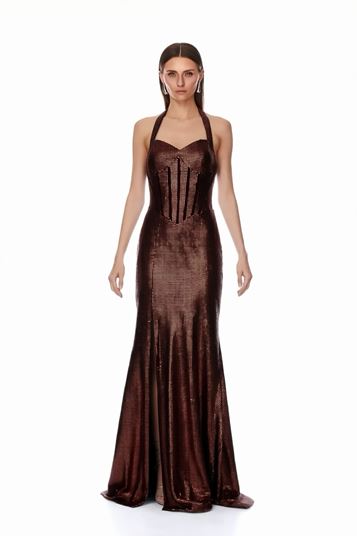 Copper Shimmering Slit Designer Evening Dress