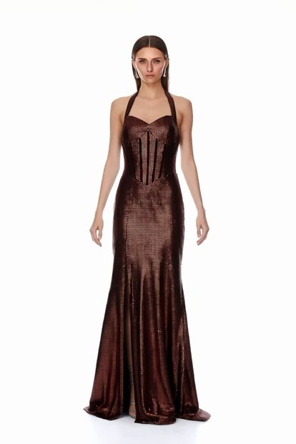 Kupferfarbenes  schimmerndes Designer Abendkleid mit Schlitz