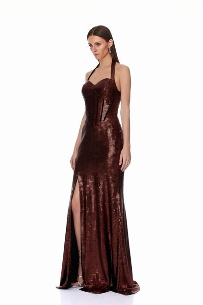 Kupferfarbenes  schimmerndes Designer Abendkleid mit Schlitz