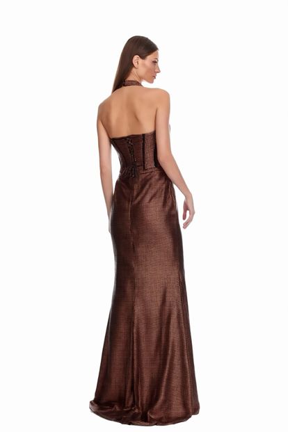 Kupferfarbenes  schimmerndes Designer Abendkleid mit Schlitz