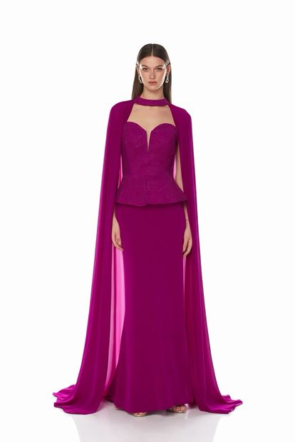 Fuşya Pelerinli ve Taşlı  Abiye Elbise