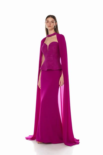 Fuşya Pelerinli ve Taşlı  Abiye Elbise