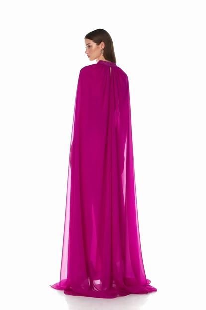 Fuşya Pelerinli ve Taşlı  Abiye Elbise