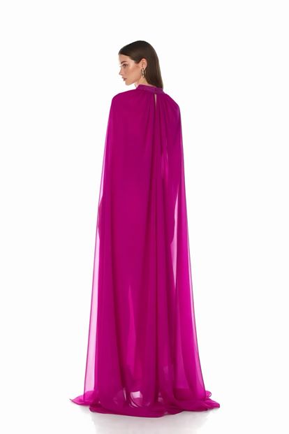 Fuşya Pelerinli ve Taşlı  Abiye Elbise