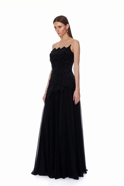 Siyah Asimetrik Kesim Abiye Elbise