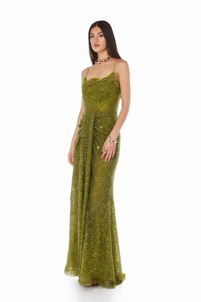 Haki İnce Askılı Işıltılı Abiye Elbise