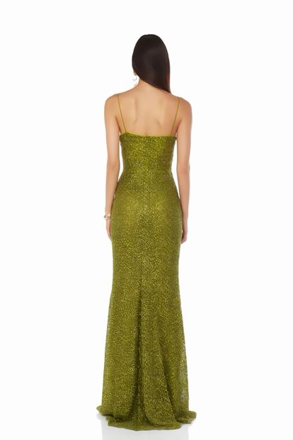 Haki İnce Askılı Işıltılı Abiye Elbise