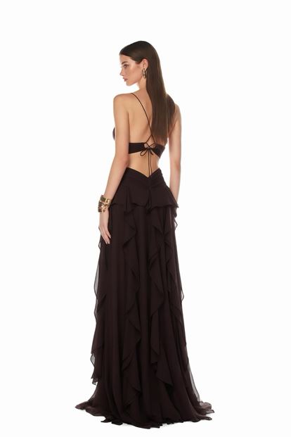 Kahverengi Fırfırlı Askılı  Abiye Elbise