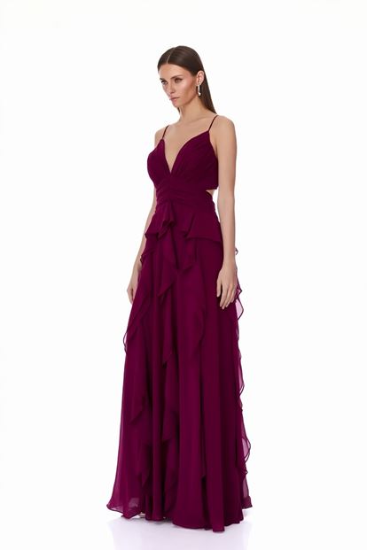 Vişne Fırfırlı Askılı  Abiye Elbise