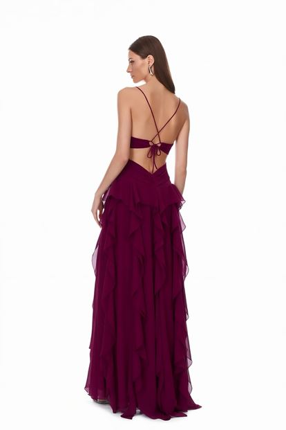 Vişne Fırfırlı Askılı  Abiye Elbise