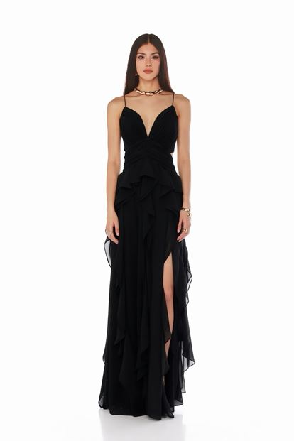 Siyah Fırfırlı Askılı  Abiye Elbise