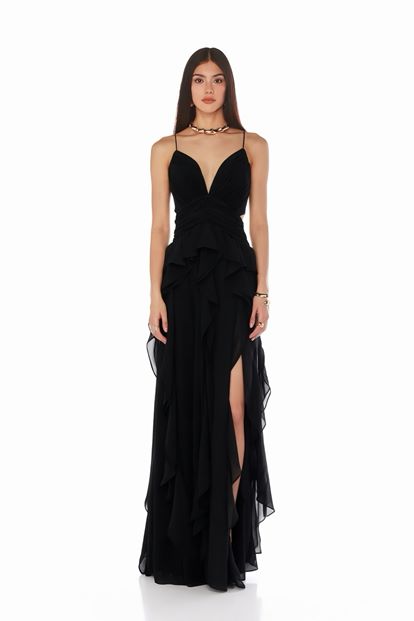 Siyah Fırfırlı Askılı  Abiye Elbise