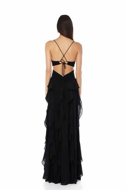 Siyah Fırfırlı Askılı  Abiye Elbise