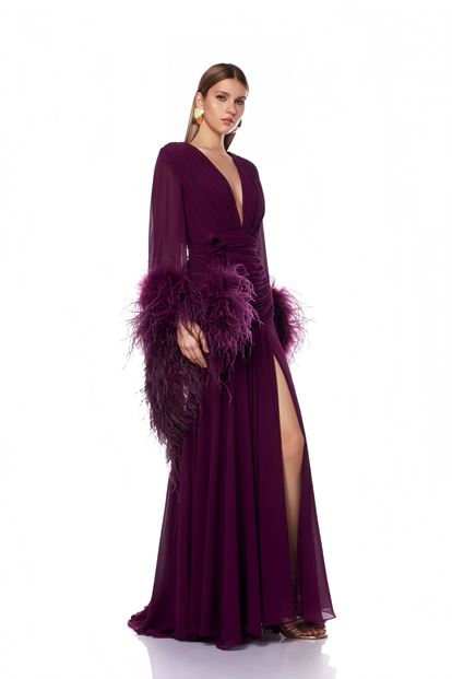 Mürdüm Derin V Yaka Tüylü Abiye Elbise