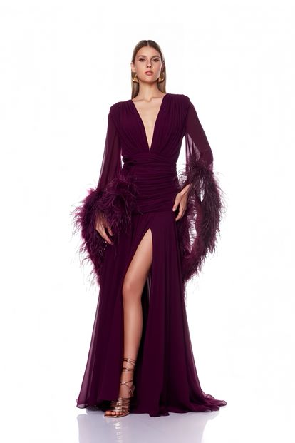 Mürdüm Derin V Yaka Tüylü Abiye Elbise