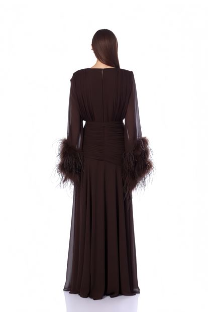 Kahverengi Derin V Yaka Tüylü Abiye Elbise