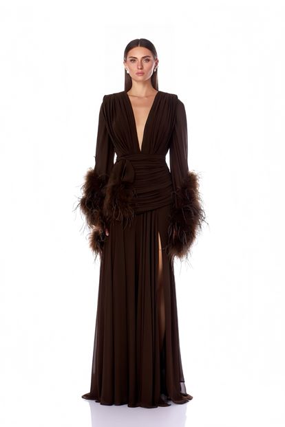 Kahverengi Derin V Yaka Tüylü Abiye Elbise