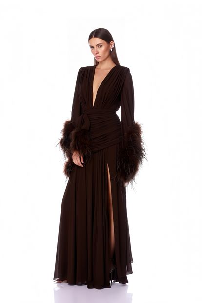 Kahverengi Derin V Yaka Tüylü Abiye Elbise
