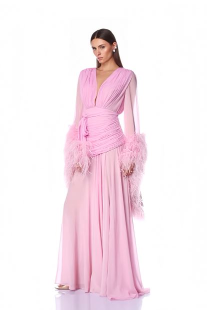 Pembe Derin V Yaka Tüylü Abiye Elbise