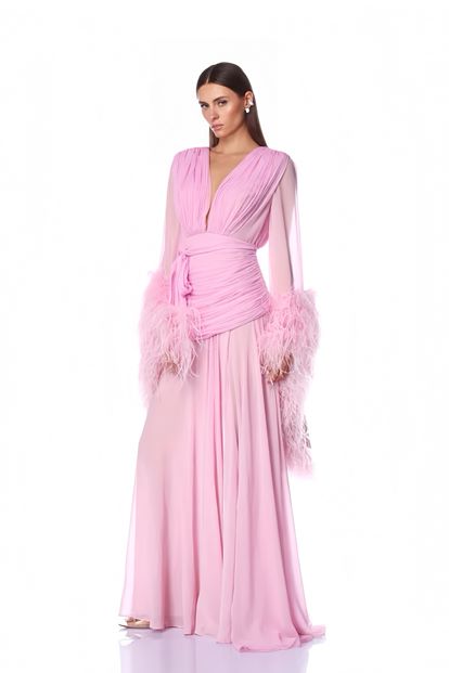 Pembe Derin V Yaka Tüylü Abiye Elbise