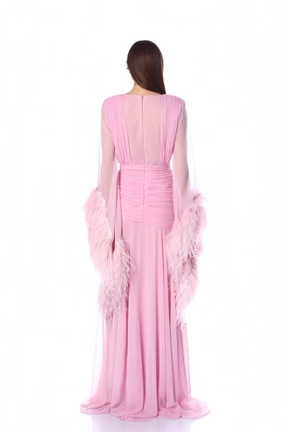 Pembe Derin V Yaka Tüylü Abiye Elbise