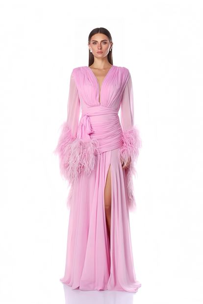 Pembe Derin V Yaka Tüylü Abiye Elbise