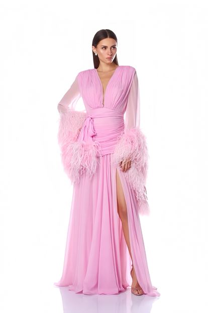 Pembe Derin V Yaka Tüylü Abiye Elbise