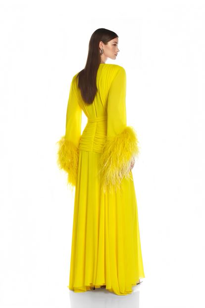 Sarı Derin V Yaka Tüylü Abiye Elbise