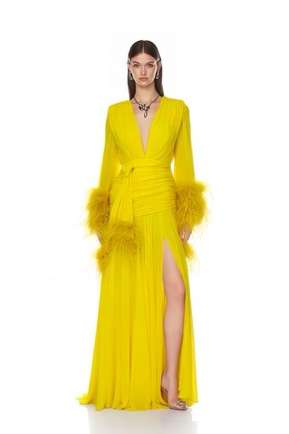 Sarı Derin V Yaka Tüylü Abiye Elbise