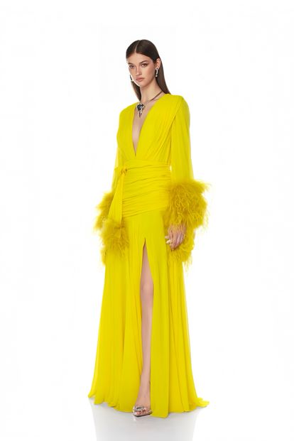 Sarı Derin V Yaka Tüylü Abiye Elbise
