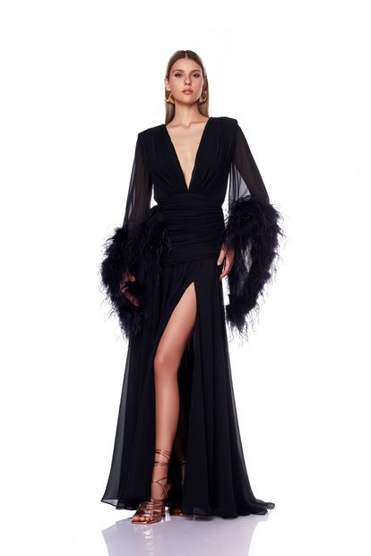 Siyah Derin V Yaka Tüylü Abiye Elbise
