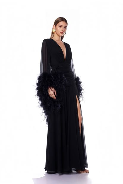 Siyah Derin V Yaka Tüylü Abiye Elbise