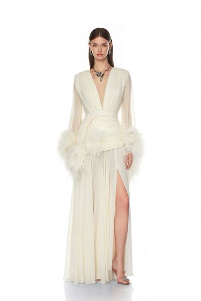 Kemik Derin V Yaka Tüylü Abiye Elbise