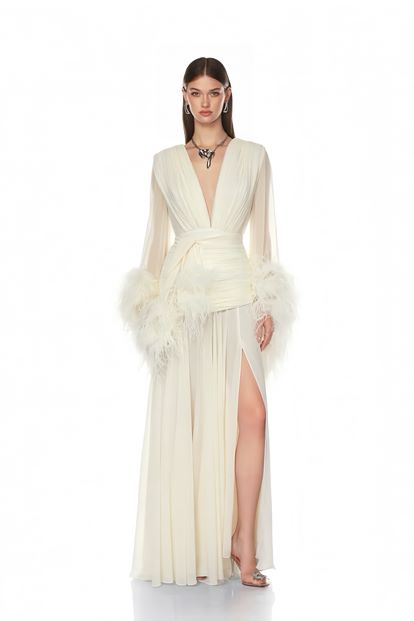 Kemik Derin V Yaka Tüylü Abiye Elbise