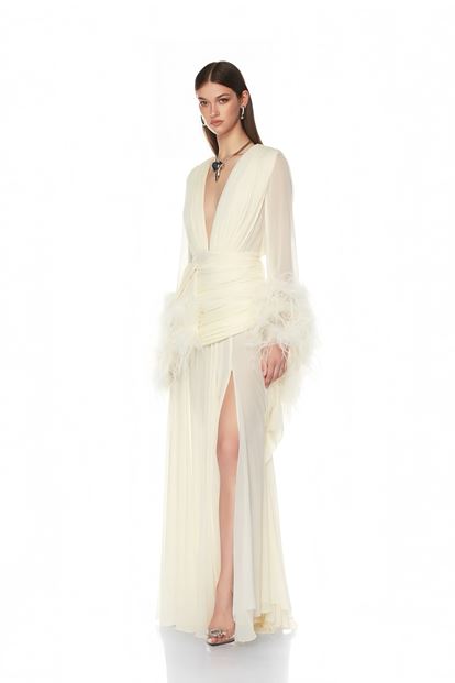 Kemik Derin V Yaka Tüylü Abiye Elbise