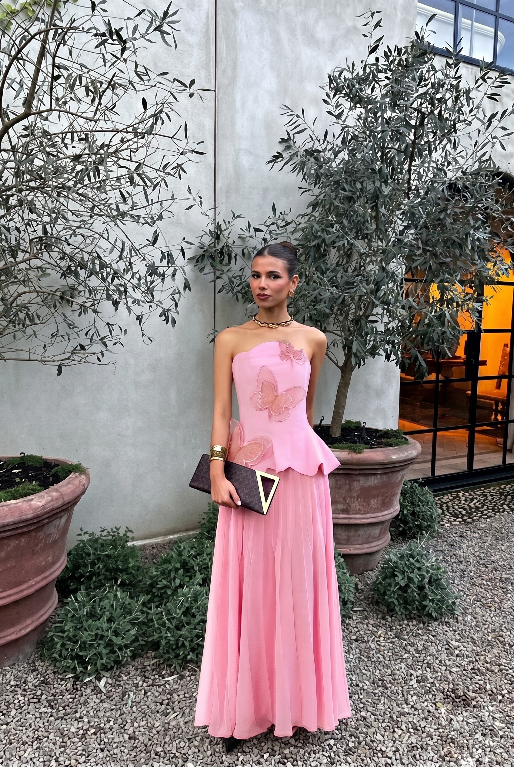 Pembe Kelebek Detaylı  Abiye Elbise