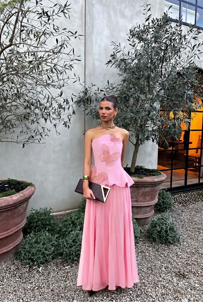 Pembe Kelebek Detaylı  Abiye Elbise